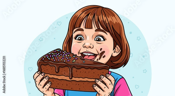 Fototapeta Girl with chocolate on face joyfully eating a large slice of chocolate cake with colorful sprinkles topping
