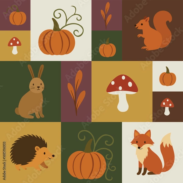 Obraz Whimsical Bauhaus Autumn Pattern with Woodland Animals, Pumpkins, and Mushrooms