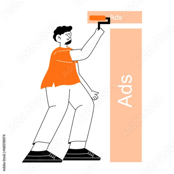 Obraz Flat Illustration Man Painting Ads on Wall Using Roller