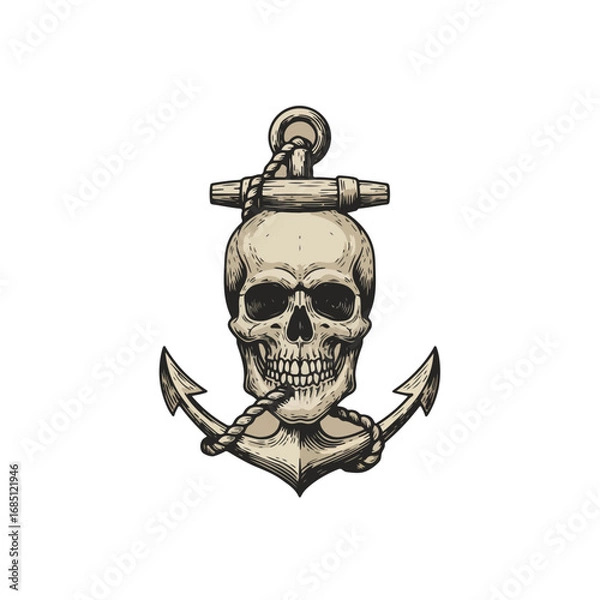 Fototapeta Skull with an anchor behind it, with a rope wrapped around both in a vintage tattoo style.
