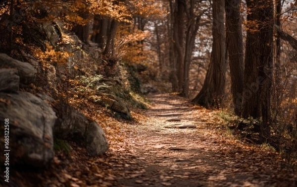 Fototapeta A path through a forest with a few trees and rocks