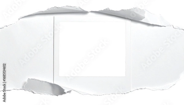 Fototapeta Marco fotográfico realista con textura de papel rasgado en los bordes, como si la foto estuviera rota a mano. El papel debe tener un aspecto fibroso, con sombras suaves en los bordes para dar volumen.
