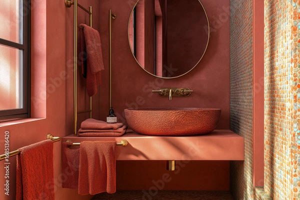 Fototapeta Artistic bathroom with a warm terracotta color scheme, handcrafted ceramic sink, brass towel racks, and a unique tile pattern.