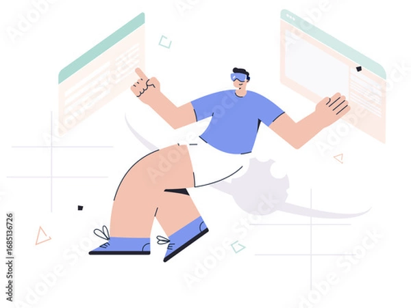 Obraz Man using VR glasses with virtual screens in modern flat illustration