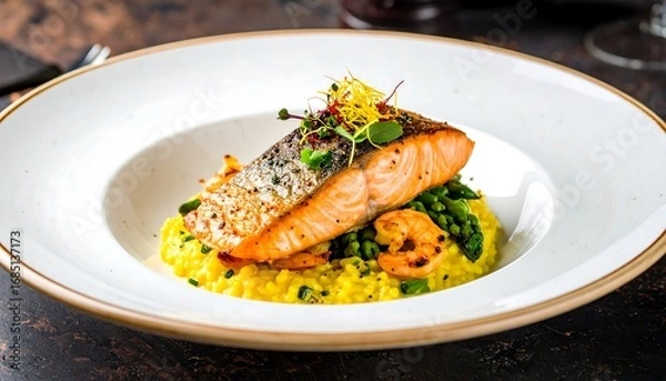 Obraz Plated salmon and risotto dish