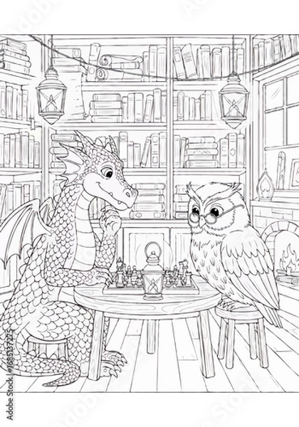 Fototapeta Charming fantasy coloring page of a clever dragon and a wise owl playing chess in a cozy library.