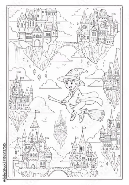 Fototapeta Cute wizard boy flying on a broomstick among majestic floating castles, with detailed architecture and magical surroundings.