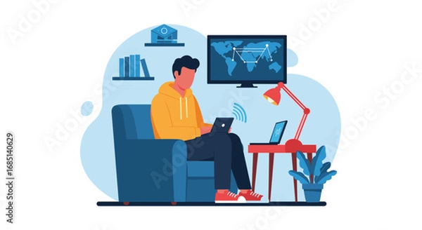 Obraz Young man comfortably working remotely from home using a laptop and tablet. Concepts of global connectivity, freelance work, and modern lifestyle.