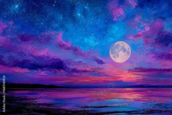 Fototapeta A vibrant, painted landscape showcases a serene coastal scene under a moonlit sky, filled with starry hues of purple, pink, and blue.