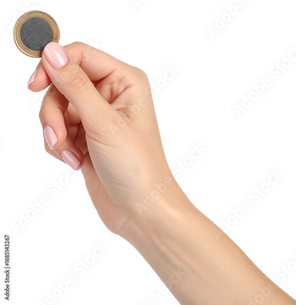 Obraz hand holding a coin isolated on white background