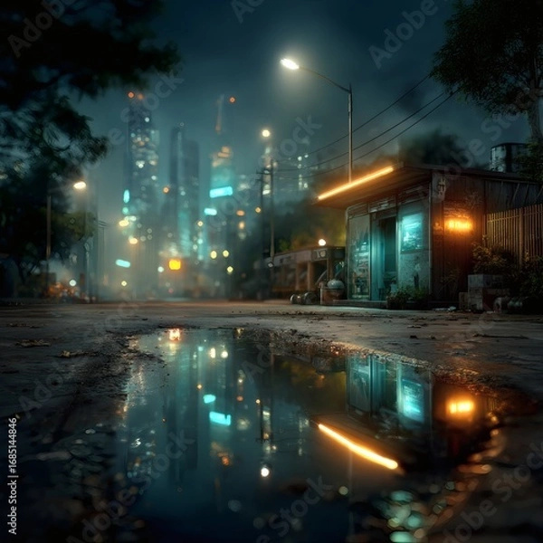 Fototapeta Rainy city night with neon reflections, moody cyberpunk aesthetic, cinematic urban photography, futuristic street vibes, 16:9 