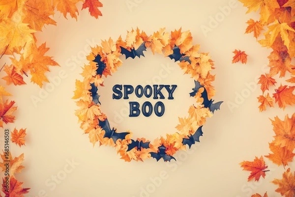Fototapeta A circular wreath composed of autumn leaves and black bats, showcasing the words "Spooky Boo" in a bold, dark font against a pale background.