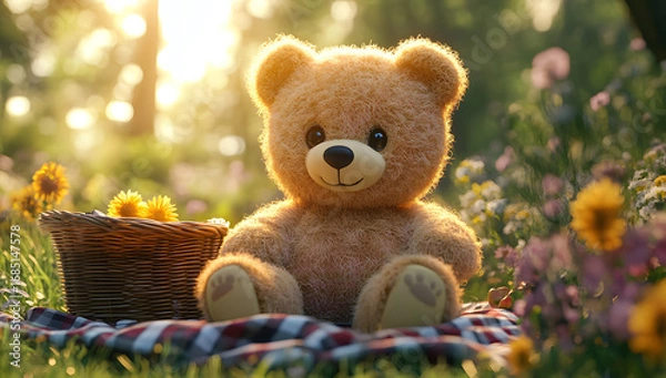 Fototapeta A cute teddy bear sitting on a checkered picnic blanet in a sunlit meadow durig a warm afternoon. The ber has soft, fluffy fur anda friendly smile. Surroundng it are a wicker basket illed