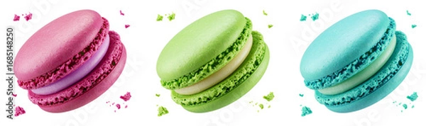 Obraz set of colorful flying macarons  with crumbs isolated on white background