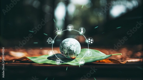 Fototapeta Carbon-neutral and egg concepts Globe balancing on In leaf and come sustainable resources and clean enemy
