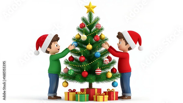 Fototapeta Two cheerful children in festive outfits decorating a Christmas tree with colorful ornaments, standing on a white background, symbolizing holiday preparation and celebration