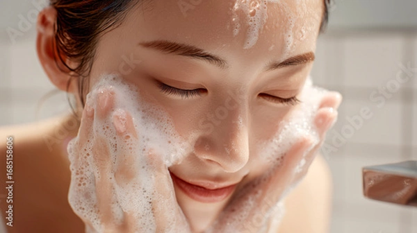 Fototapeta 泡立つ洗顔をする女性の近接ショット｜バスルームでリラックスするスキンケア風景