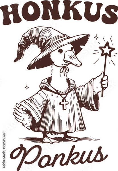 Obraz Honkus Ponkus – Funny Wizard Goose Holding Magic Wand Wearing Robe and Hat, Halloween Magical Humor Illustration with Silly Witch Theme and Spells
