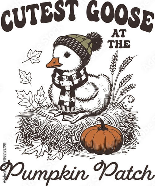Obraz Cutest Goose at the Pumpkin Patch – Adorable Fall Goose Wearing Hat and Scarf Sitting on Hay Bale with Pumpkin and Autumn Leaves, Cozy Fall Illustration