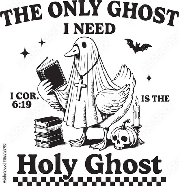 Obraz The Only Ghost I Need Is the Holy Ghost – Funny Christian Goose in Ghost Costume with Bible and Cross, Religious Halloween Illustration with Scripture Verse