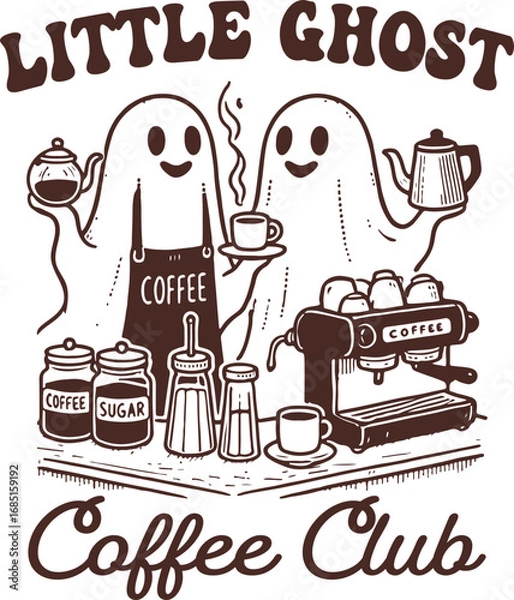 Obraz Little Ghost Coffee Club – Cute Ghost Baristas Brewing Coffee with Espresso Machine, Whimsical Halloween Illustration for Spooky Café Vibes