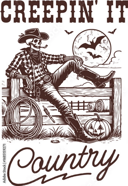 Obraz Creepin' It Country – Skeleton Cowboy Sitting on Fence with Moon and Pumpkin, Western Halloween Illustration with Spooky Country Style Elements