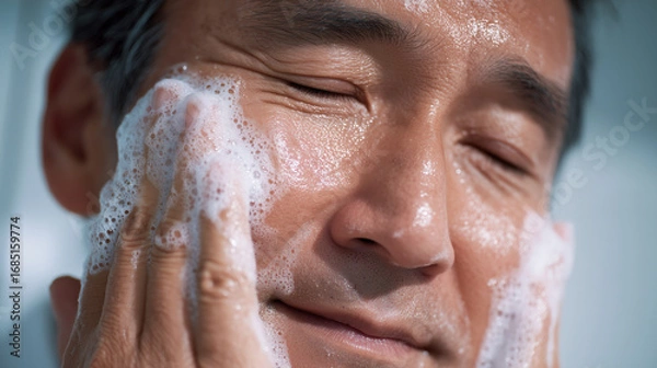 Fototapeta 男性が泡で洗顔中の近接ショット｜室内バスルームで清潔感あるリラックスした雰囲気