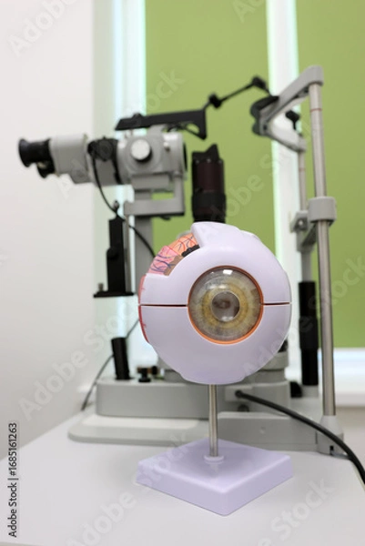 Obraz An anatomical model of the eye is placed in front of a slit lamp biomicroscope in a clinical setting, illustrating the anatomy of the eye for ophthalmic or optometric education.