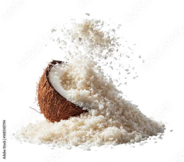 Fototapeta Coconut flakes erupting from a halved coconut