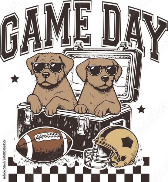Obraz Game Day – Two Cute Puppies Wearing Sunglasses in Cooler with Football and Helmet, Funny Fall Sports Illustration for Dog Lovers and Game Day Fans