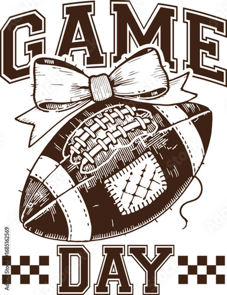 Obraz Game Day – Hand-Drawn Football Illustration with Patchwork Details and Bow, Vintage Sporty Design for Autumn Tailgate or Family Game Day Apparel