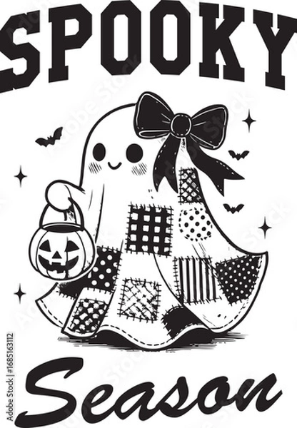 Obraz Spooky Season – Adorable Little Ghost with Patchwork Sheet, Pumpkin Bucket and Bow, Cute Halloween Illustration for Kids and Fall Decor