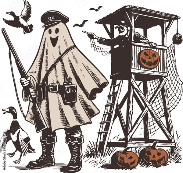 Obraz Halloween Duck Hunting Ghost – Spooky Hunter in Ghost Costume with Shotgun and Ducks, Vintage Halloween Scene with Pumpkin and Watchtower