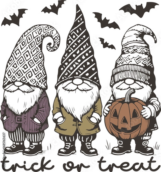 Obraz Trick or Treat – Three Halloween Gnomes with Beards and Patterned Hats Holding Pumpkin and Surrounded by Bats, Cute Autumn Illustration for Spooky Season Fans