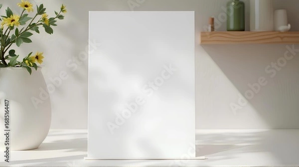 Obraz A blank paper sits on a table next to a vase of flowers with warm light.