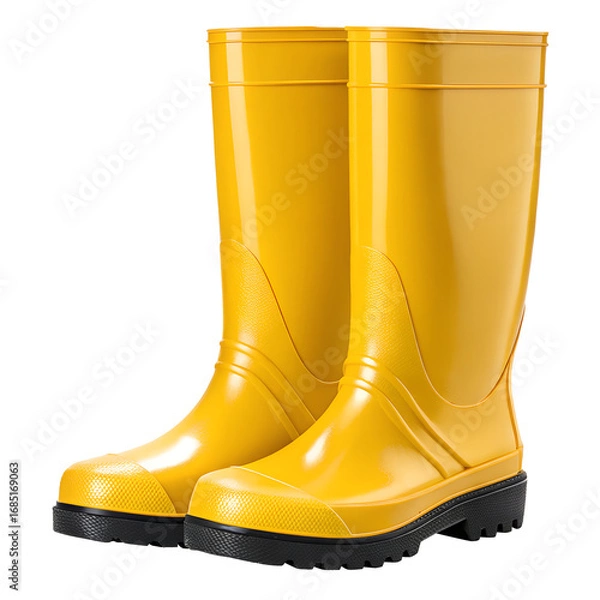 Fototapeta a pair of bright yellow rubber boots with black soles, standing upright on a transparent background 