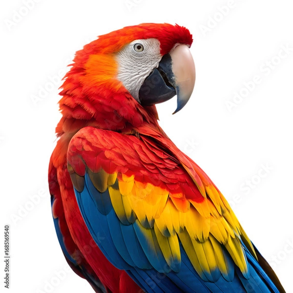 Fototapeta A scarlet macaw with vibrant red, blue, and yellow feathers, isolated on a transparent background