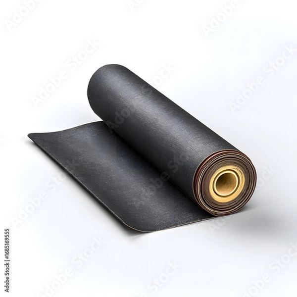 Fototapeta  Black textured roll of waterproof roofing insulation material partially unrolled on white surface