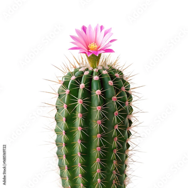 Fototapeta A cactus with a small pink flower, isolated on a transparent background