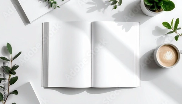 Obraz Open Book on a White Table Surrounded by Plants and a Coffee Cup, Top View