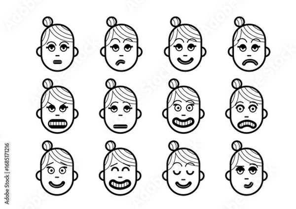 Fototapeta head of woman with different facial expressions set vector icons isolated

