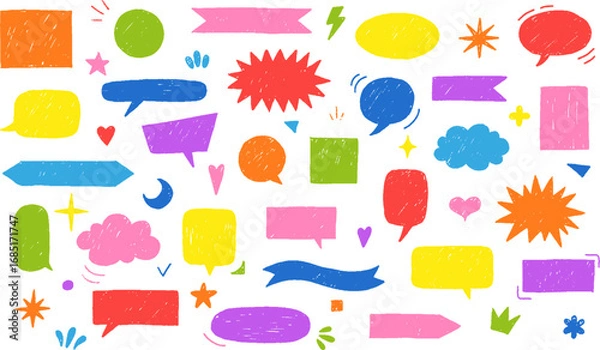 Fototapeta Colorful crayon speech bubbles and design elements collection, cartoon text box vector set, chalk chat communication