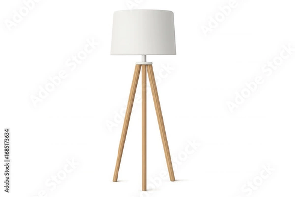Obraz Stylish floor lamp with white shade and wooden tripod stand, perfect for illuminating any modern interior