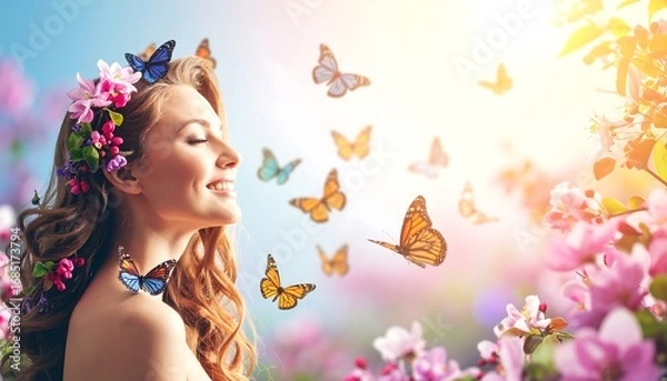Obraz Woman, flowers, butterflies, spring