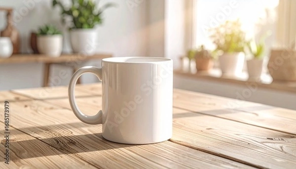 Fototapeta Pristine white ceramic mug on a natural wooden table, bathed in warm morning sunlight. The soft focus on green plants in the background creates a tranquil and cozy home atmosphere