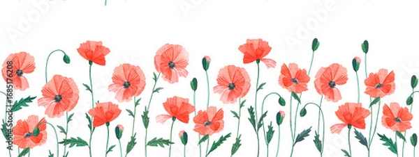 Fototapeta Watercolor wildflowers in a meadow. Poppy ornament, border. Hand-painted flower postcard with wildflowers on a white background. Festive spring illustration for design, printing, or background.
