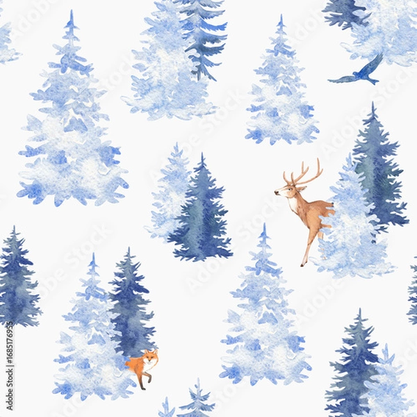 Fototapeta Watercolor Christmas seamless pattern with winter forest, deer on white background. Pine trees landscape.