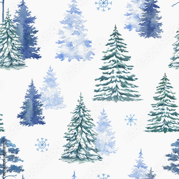 Fototapeta Watercolor seamless pattern with a winter forest in blue tones. Snowfall in the mountains. Textile print, wrapping paper. Winter background.