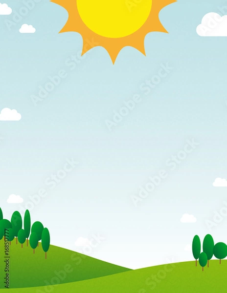 Fototapeta Ilustracja słonecznego dnia z błękitnym niebem, ładną zieloną łąką lub pastwiskiem z wystarczającą ilością miejsca, upraw portret