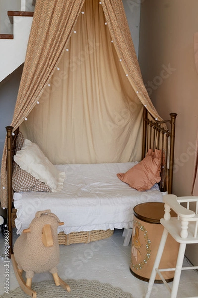 Obraz The bed is in a beige natural style with cotton pillows and a canopy. Comfort and tranquility at home. Calm colors.